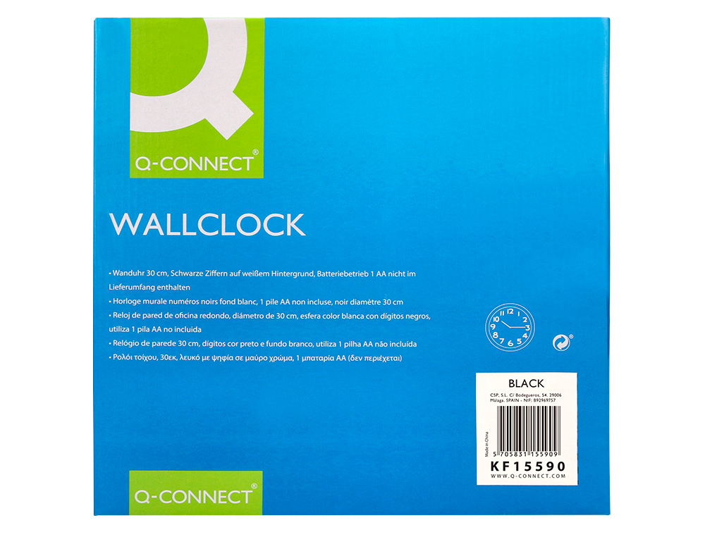 HORLOGE Q-CONNECT MURALE PLASTIQUE DESIGN ACTUEL NUMROS NOIRS FOND BLANC 1 PILE AA NON FOURNIE DIAMTRE 30CM NOIR