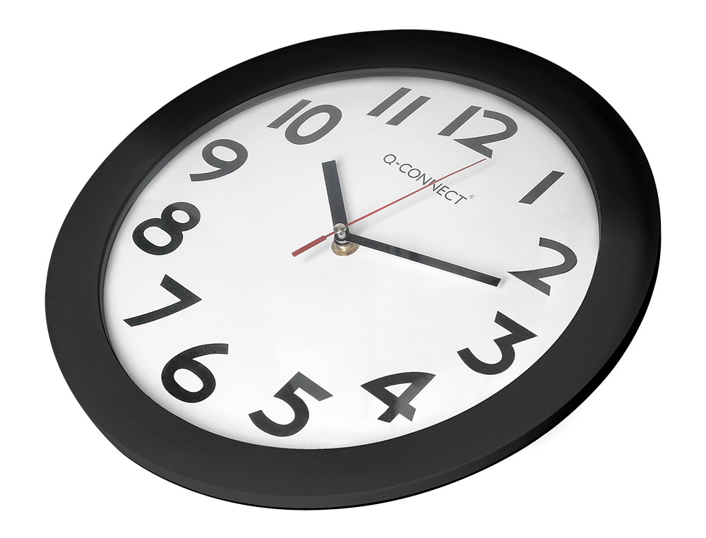 HORLOGE Q-CONNECT MURALE PLASTIQUE DESIGN ACTUEL NUMROS NOIRS FOND BLANC 1 PILE AA NON FOURNIE DIAMTRE 30CM NOIR