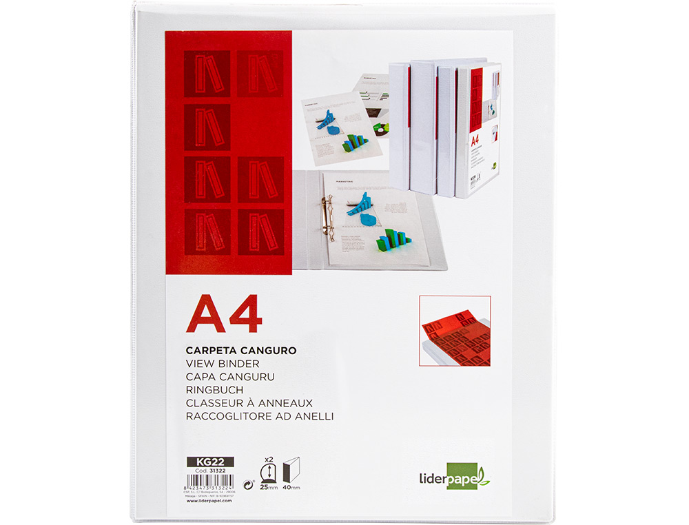 CLASSEUR KANGOUROU LIDERPAPEL 2 ANNEAUX 25MM 283X320MM DOCUMENT A4 PLASTIQUE DOS 40MM COLORIS BLANC