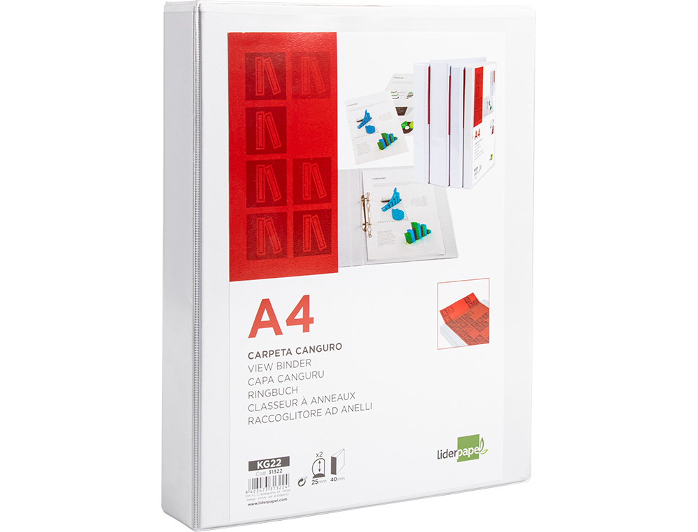 CLASSEUR KANGOUROU LIDERPAPEL 2 ANNEAUX 25MM 283X320MM DOCUMENT A4 PLASTIQUE DOS 40MM COLORIS BLANC