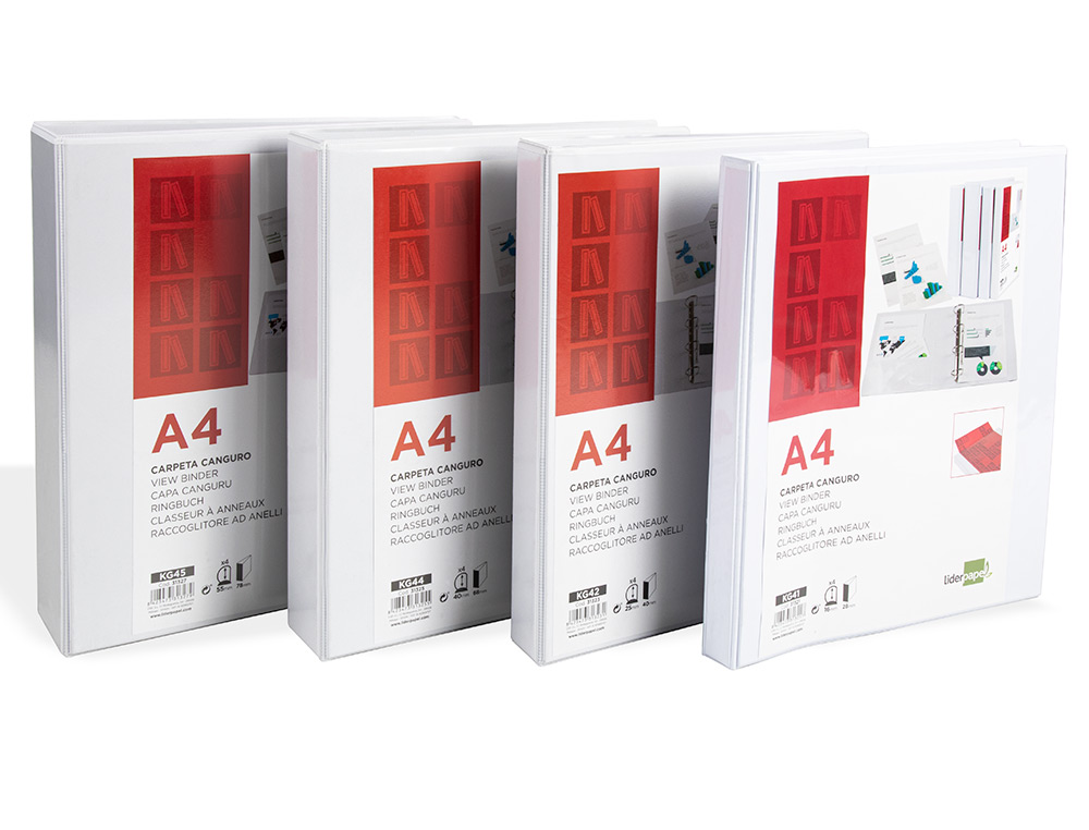 CLASSEUR KANGOUROU LIDERPAPEL 4 ANNEAUX 55MM 283X320MM DOCUMENT A4 PLASTIQUE DOS 78MM COLORIS BLANC