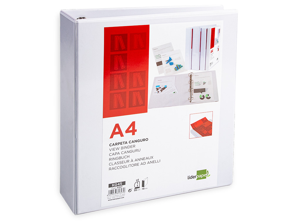 CLASSEUR KANGOUROU LIDERPAPEL 4 ANNEAUX 55MM 283X320MM DOCUMENT A4 PLASTIQUE DOS 78MM COLORIS BLANC