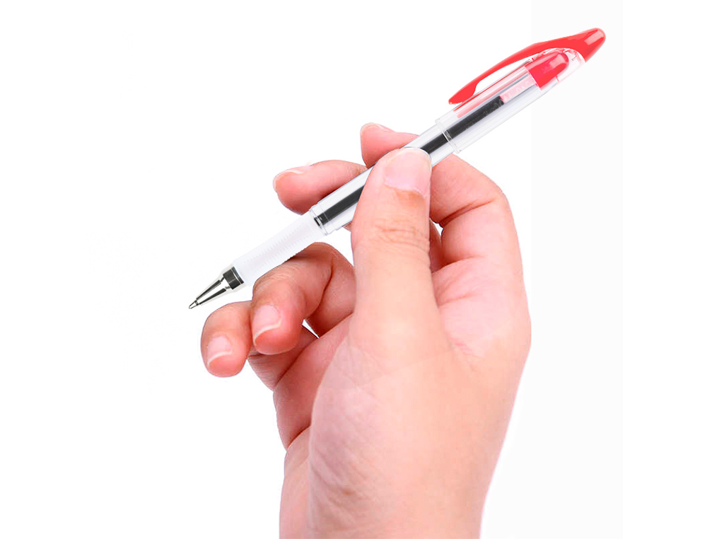 STYLO-BILLE Q-CONNECT TRANSPARENT TRAIT 0.4MM POINTE MOYENNE 0.7MM ENCRE DOUCE GRIP CAOUTCHOUC COLORIS ROUGE