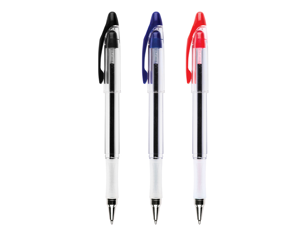 STYLO-BILLE Q-CONNECT TRANSPARENT TRAIT 0.4MM POINTE MOYENNE 0.7MM ENCRE DOUCE GRIP CAOUTCHOUC COLORIS ROUGE