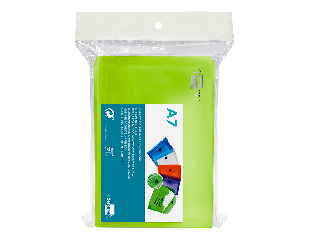 POCHETTE ENVELOPPE LIDERPAPEL POLYPROPYLÈNE 180 MICRONS A7 105X74MM 50F FERMETURE BOUTON RÉSISTANT TRANSPARENT VERT