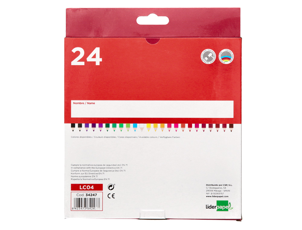CRAYON COULEUR LIDERPAPEL MINE EXTRA-RÉSISTANTE 174.5MM ÉCRITURE DOUCE COLORIS INTENSES ÉTUI CARTON PLASTIFIÉ 24 UNITÉS