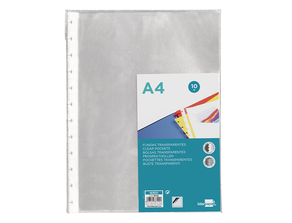 POCHETTE LIDERPAPEL POLYPROPYLÈNE RECHARGE PROTÈGE-DOCUMENTS A4 210X297MM 70 MICRONS LOT 10 UNITÉS