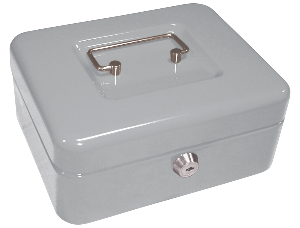 CAISSE MONNAIE Q-CONNECT STRUCTURE ACIER 0.8MM PAISSEUR PLATEAU AMOVIBLE ESPACE BILLETS 200X160X90MM COLORIS ARGENT