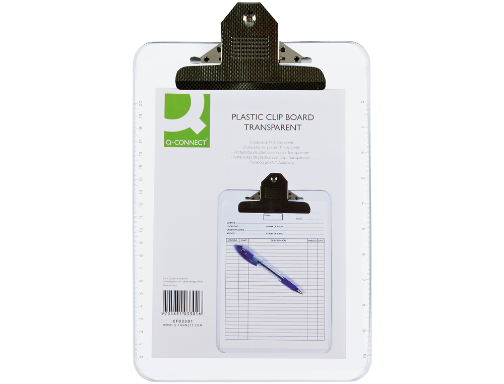 PORTE-BLOC Q-CONNECT POLYPROPYLNE PAISSEUR 4MM A4 210X29  7MM PINCE MTALLIQUE COLORIS  TRANSPARENT