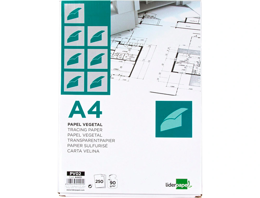 PAPIER VÉGÉTAL LIDERPAPEL CALQUE HAUTE TRANSPARENCE SURFACE RÉGULIÈRE SATINÉE 90G/M2 A4 210X297MM