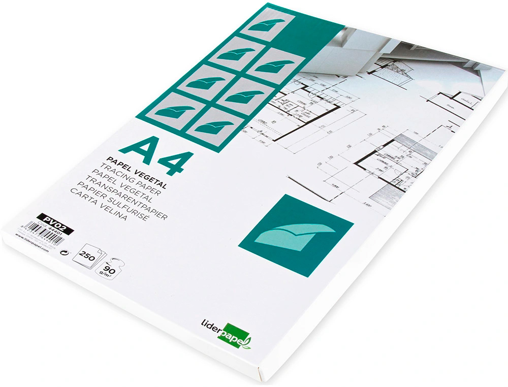 PAPIER VÉGÉTAL LIDERPAPEL CALQUE HAUTE TRANSPARENCE SURFACE RÉGULIÈRE SATINÉE 90G/M2 A4 210X297MM