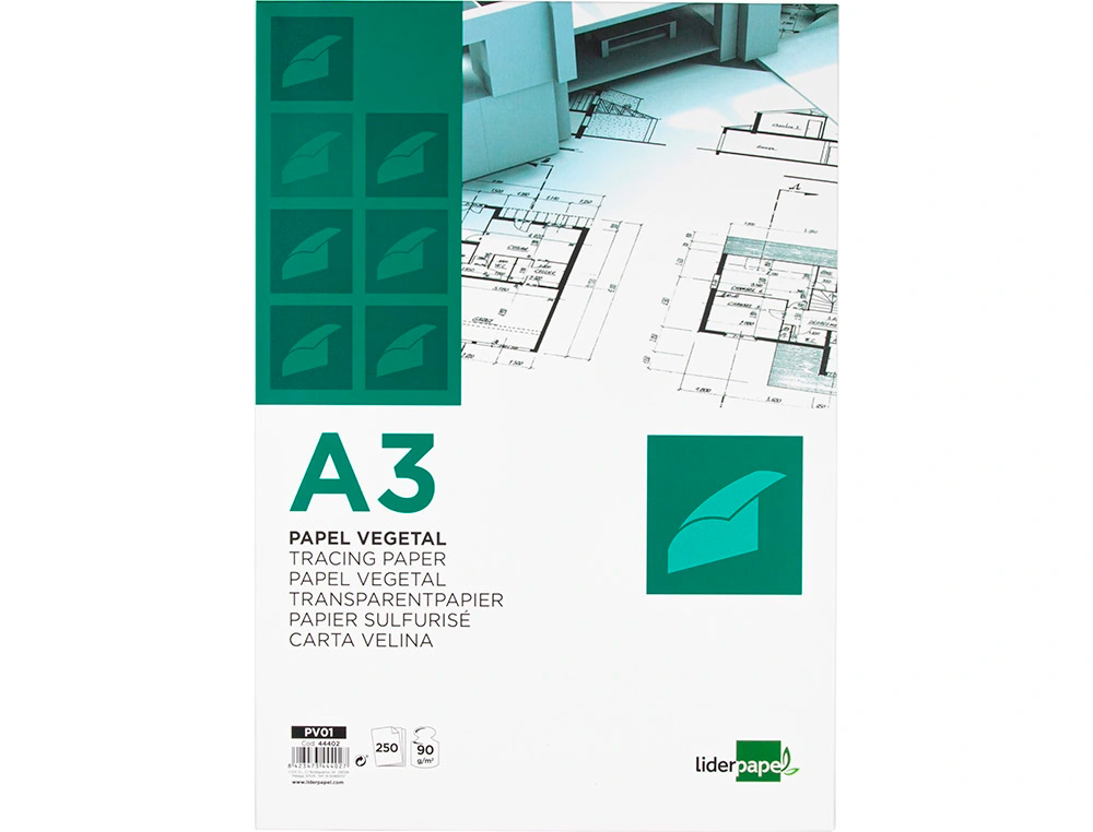 PAPIER VÉGÉTAL LIDERPAPEL CALQUE HAUTE TRANSPARENCE SURFACE RÉGULIÈRE SATINÉE 90G/M2 A3 297X420MM