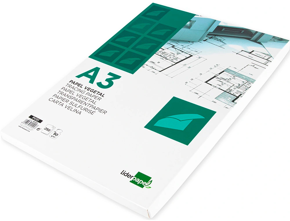 PAPIER VÉGÉTAL LIDERPAPEL CALQUE HAUTE TRANSPARENCE SURFACE RÉGULIÈRE SATINÉE 90G/M2 A3 297X420MM