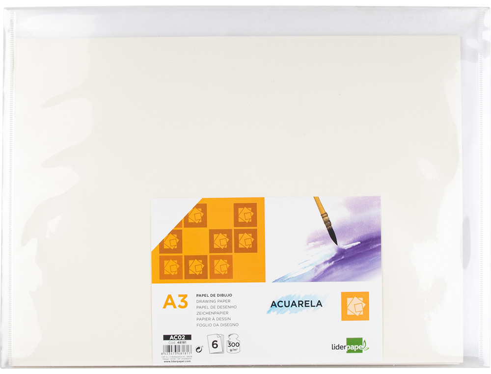 PAPIER DESSIN LIDERPAPEL AQUARELLE GRAIN MOYEN 300G/M2 FORMAT A3 420X297MM MINIPACK 6F