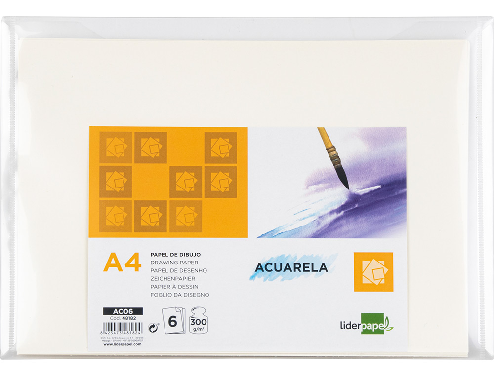 PAPIER DESSIN LIDERPAPEL AQUARELLE GRAIN MOYEN 300G/M2 FORMAT A4 210X297MM MINIPACK 6F