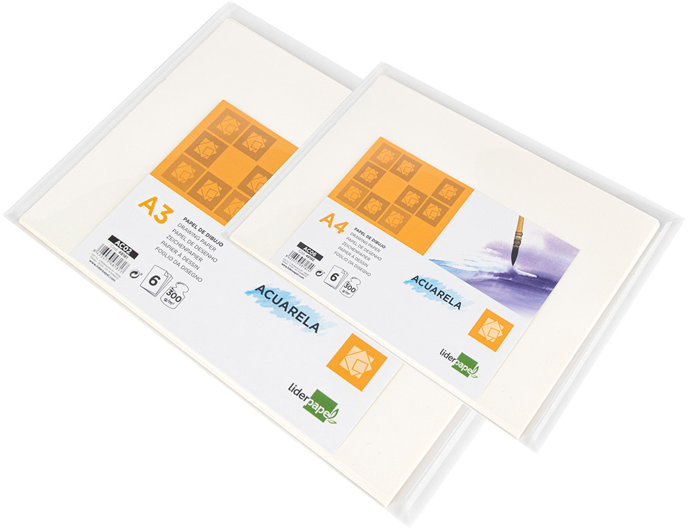 PAPIER DESSIN LIDERPAPEL AQUARELLE GRAIN MOYEN 300G/M2 FORMAT A4 210X297MM MINIPACK 6F