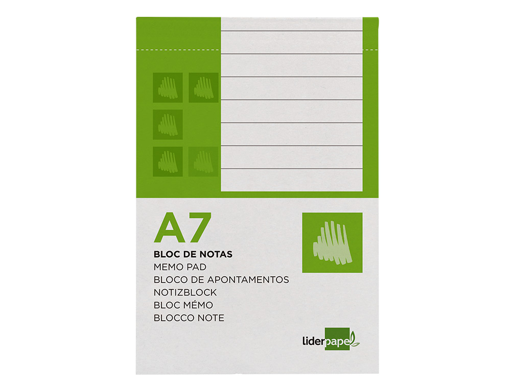 BLOC NOTES LIDERPAPEL PERFORÉ LIGNÉ A7 105X74MM PAYSAGE COUVERTURE CARTON IMPRIMÉ 250G/M2 80F 60G/M2