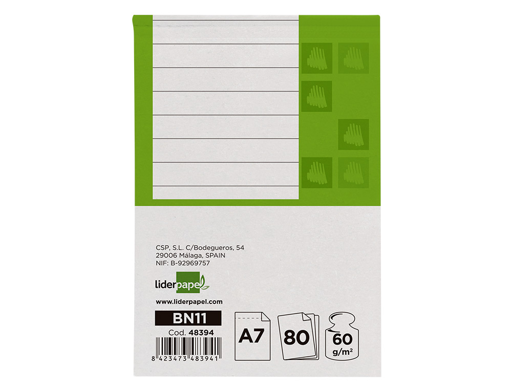 BLOC NOTES LIDERPAPEL PERFORÉ LIGNÉ A7 105X74MM PAYSAGE COUVERTURE CARTON IMPRIMÉ 250G/M2 80F 60G/M2