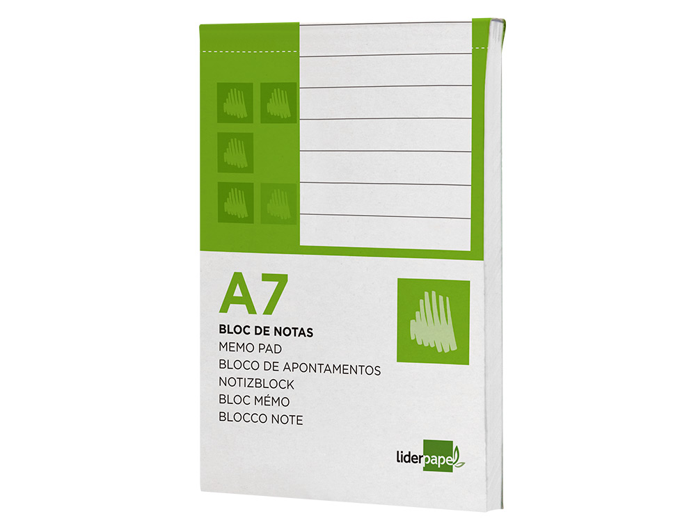 BLOC NOTES LIDERPAPEL PERFORÉ LIGNÉ A7 105X74MM PAYSAGE COUVERTURE CARTON IMPRIMÉ 250G/M2 80F 60G/M2