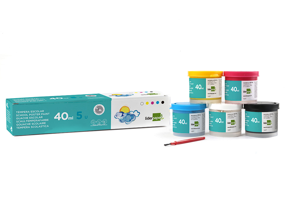 GOUACHE SCOLAIRE LIDERPAPEL 5 COLORIS ASSORTIS + PINCEAU POT 40ML