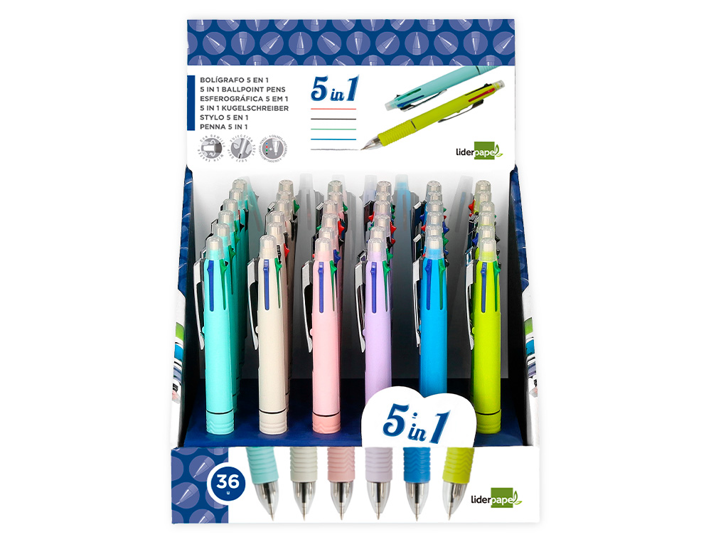 STYLO-BILLE LIDERPAPEL 5 EN 1 POINTE 0.5MM TRAIT 0.7MM RÉTRACTABLE 4 COULEURS D'ENCRE PORTE-MINE 0.5MM GOMME