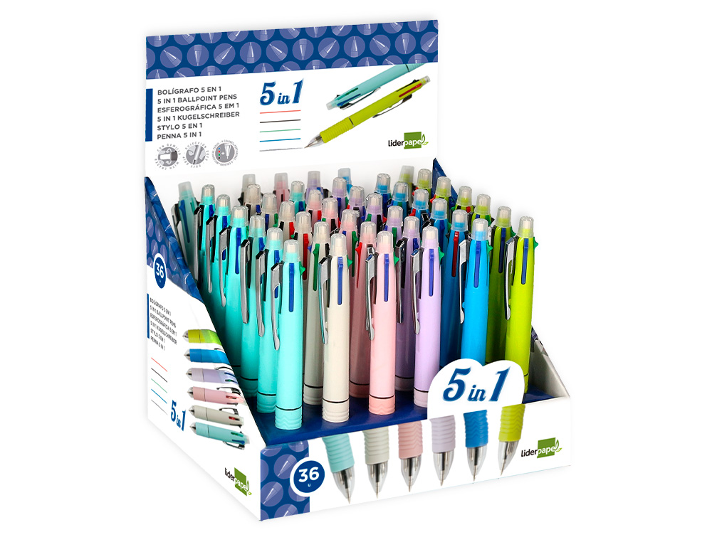 STYLO-BILLE LIDERPAPEL 5 EN 1 POINTE 0.5MM TRAIT 0.7MM RÉTRACTABLE 4 COULEURS D'ENCRE PORTE-MINE 0.5MM GOMME