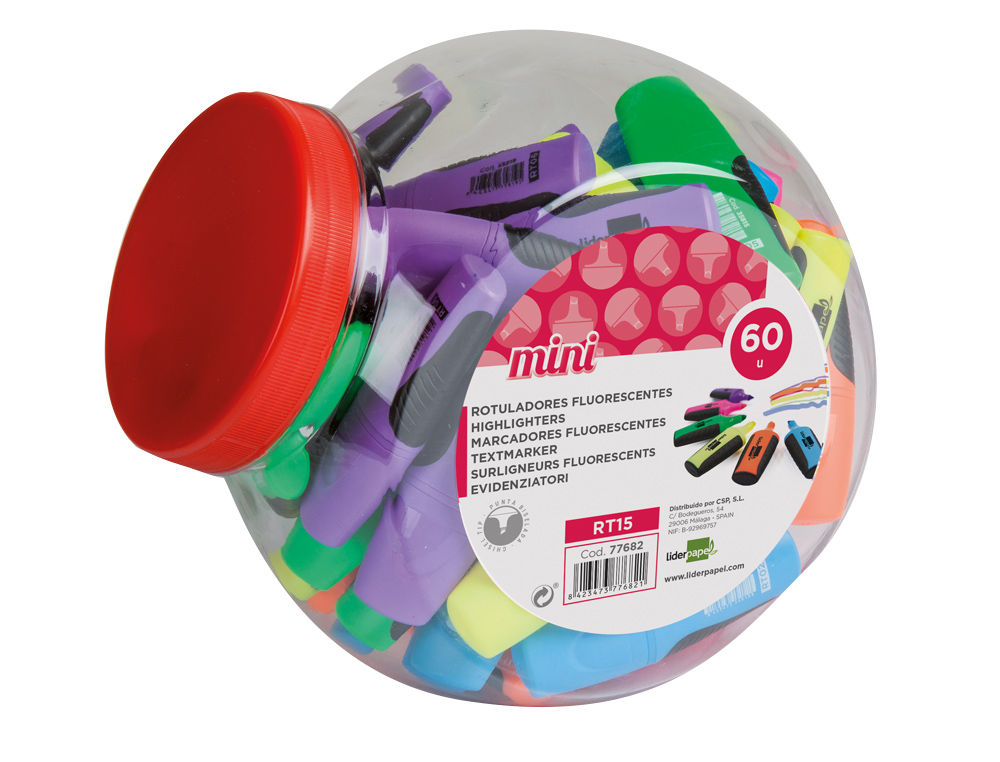 SURLIGNEUR LIDERPAPEL FLUORESCENT MINI TRACE 1/4MM POINTE BISEAUTE GRIP CAOUTCHOUC POT 60UN ASSORTIES