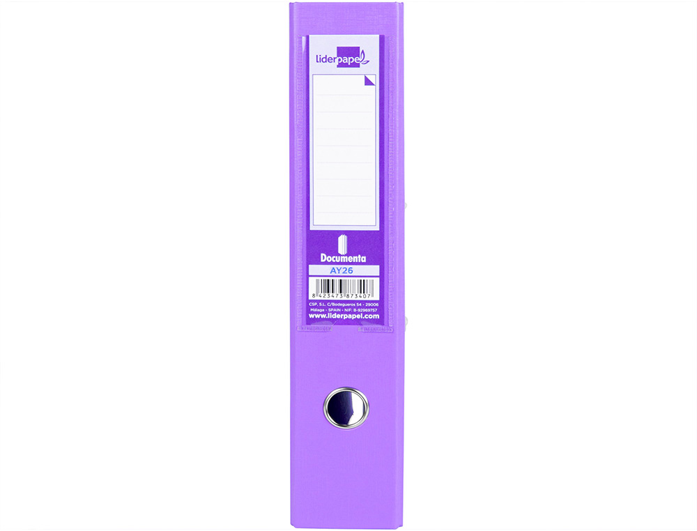 CLASSEUR LEVIER LIDERPAPEL DOCUMENTA A4+ CARTON REMBORDE DOS 75MM RADO METALLIQUE COLORIS LILAS