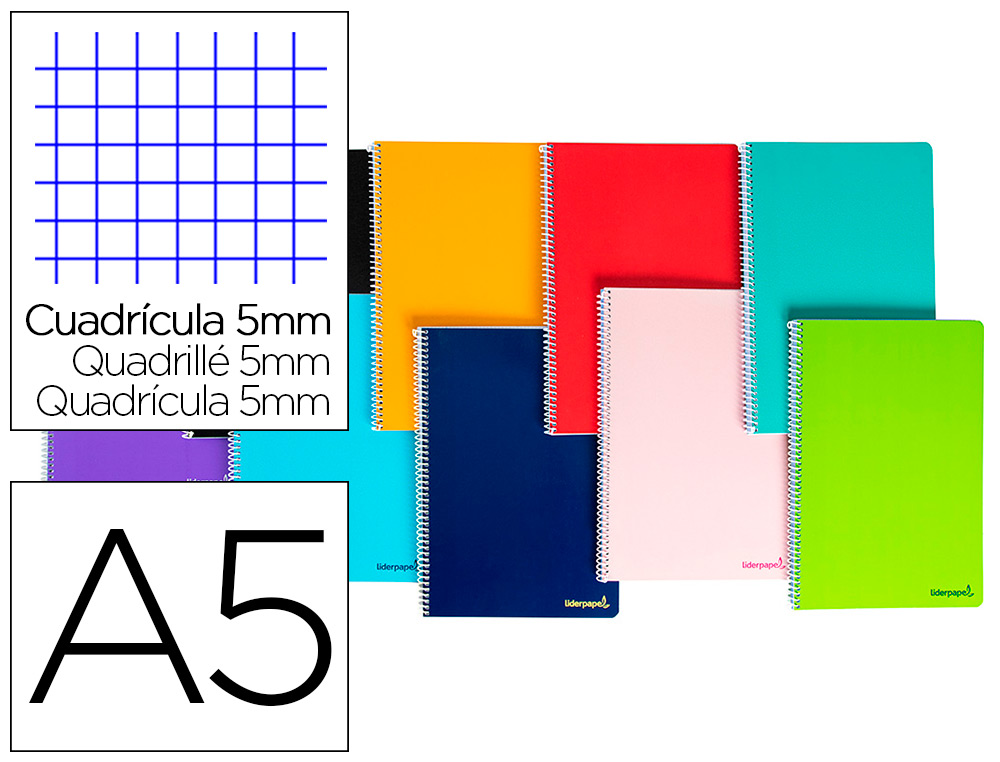 CAHIER SPIRALE LIDERPAPEL ANTARTIK A5 240P 90G REMBORDÉ QUADRILLAGE 5MM  MICROPERFORÉ 5BANDES 6 TROUS COLORIS CORAIL