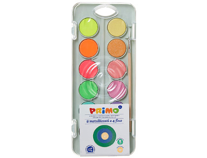 AQUARELLE PRIMO PINCEAU INCLUS 8 COLORIS METALLISES + 4 COLORIS FLUO ETUI PLASTIQUE