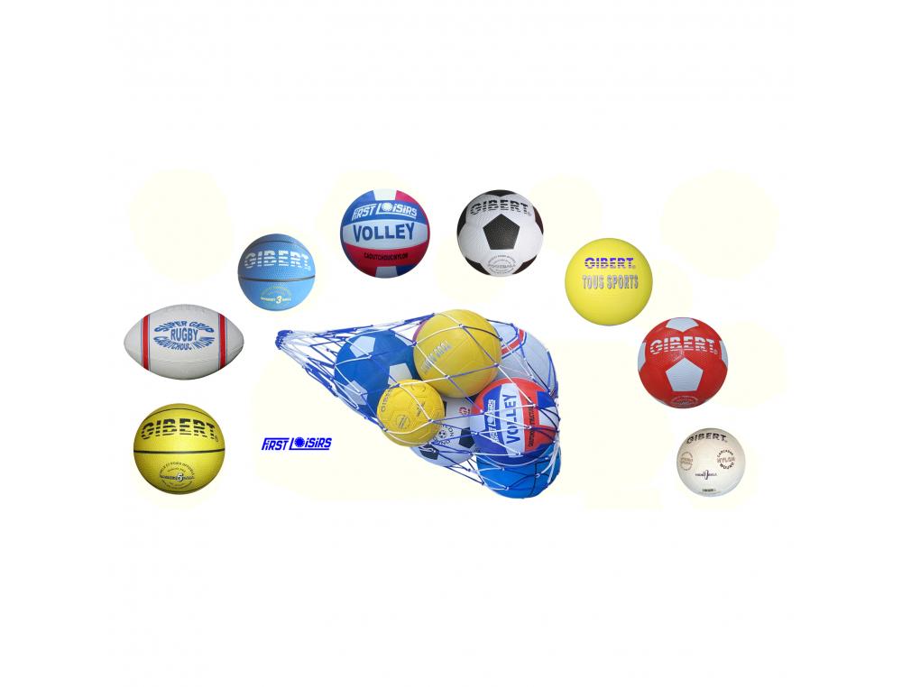 BALLON FIRST LOISIRS ENTRAINEMENT CAOUTCHOUC +     FILET TRANSPORT LOT DE 8      UNITES