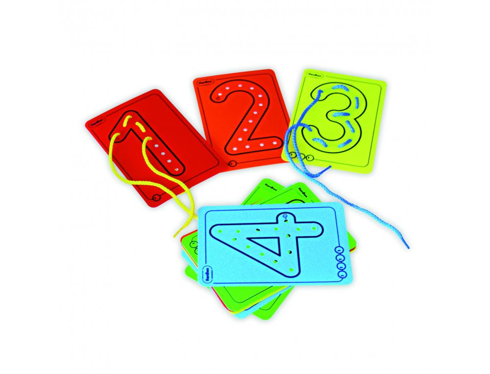CHIFFRES A TISSER HENBEA DE 0 A 9 CARTES PLASTIQUE LAVABLE  10 CARTES 10 LACETS COLORIS   ASSORTIS