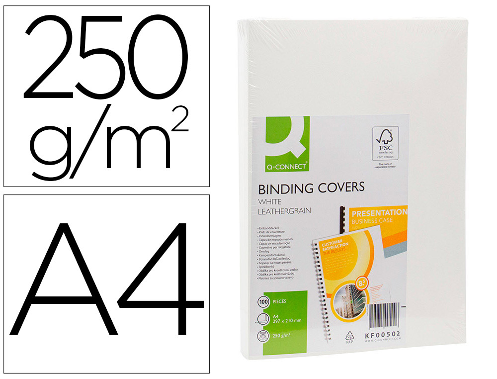 COUVERTURE Q-CONNECT CARTON 250G GRAIN CUIR POUR RELIURE FORMAT A4 COLORIS BLANC PAQUET 100 UNITS